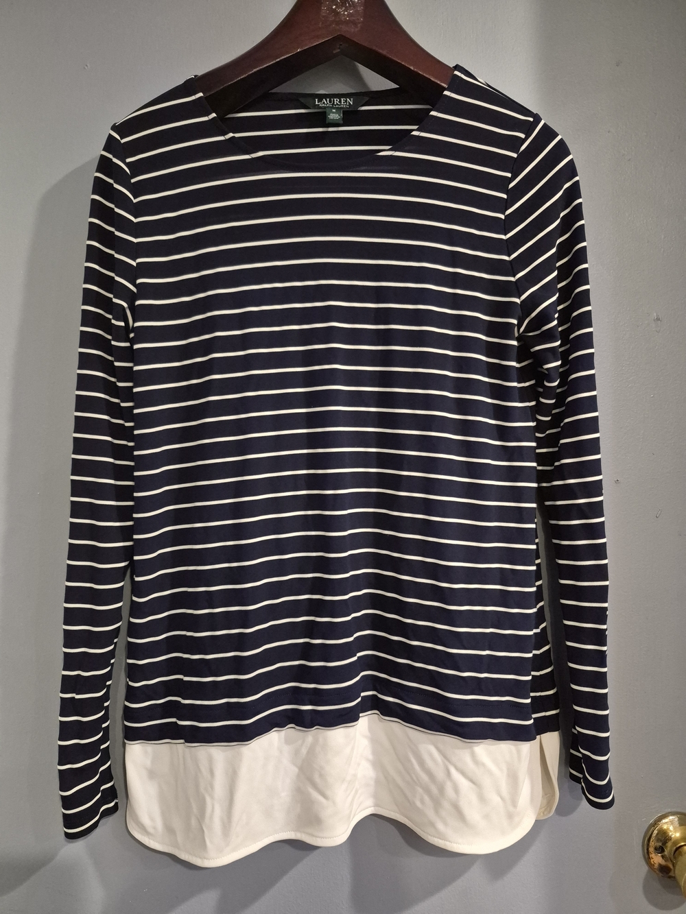 Lauren Ralph Lauren Navy and Cream Striped Layered Hem Long Sleeve Top
